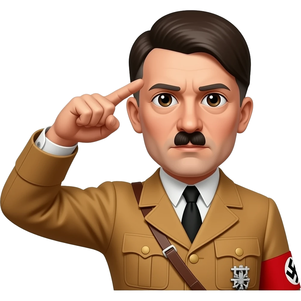 Adolf Hitler doing the Nazi salute with his arm pointing out front with all his fingers up at a 30 degree angle, with a front left camera shot emoji