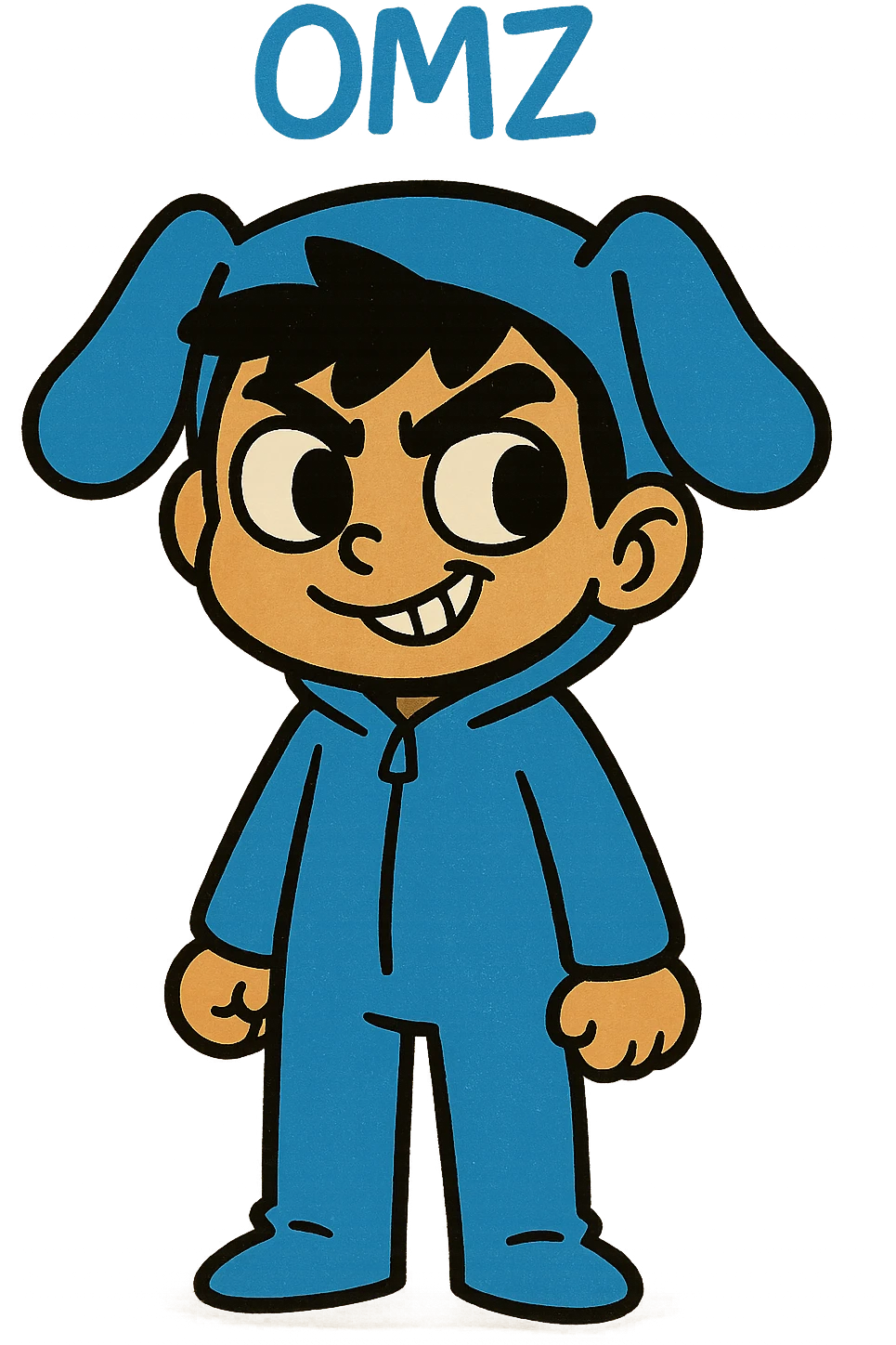 Extract only the blue character (OMZ) from the group in the original style and quality. Give the character a mischievous expression. emoji