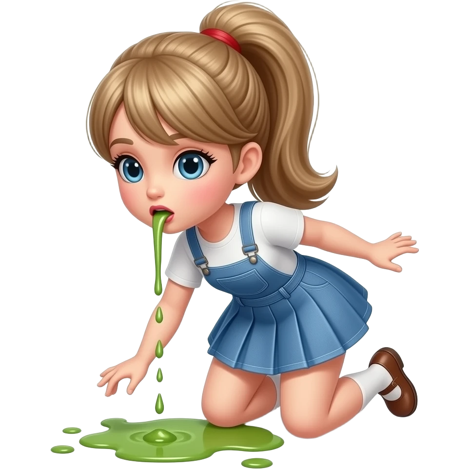 A full-body doll with a pretty ponytail is vomiting through her mouth, spewing it out onto the floor at her feet emoji