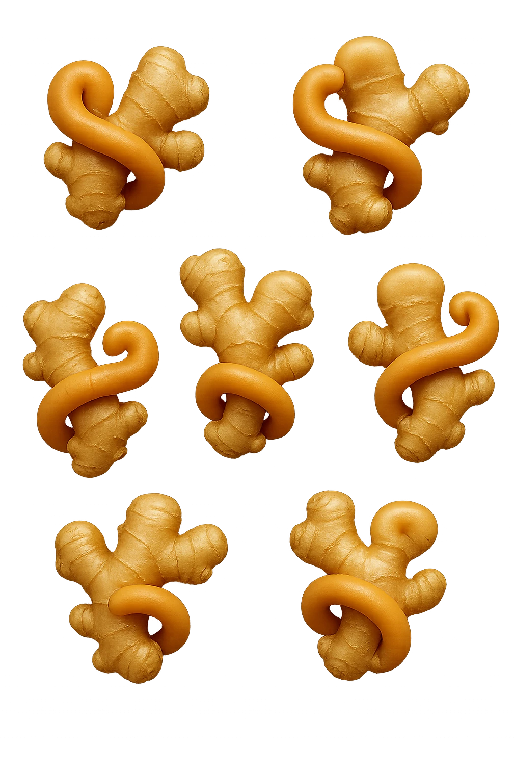 emoji stile iphone 3d di 6 piccoli pezzi di zenzero che fluttuano in aria con pezzi di colon arrotolati intorno, iperrealistico 4k emoji