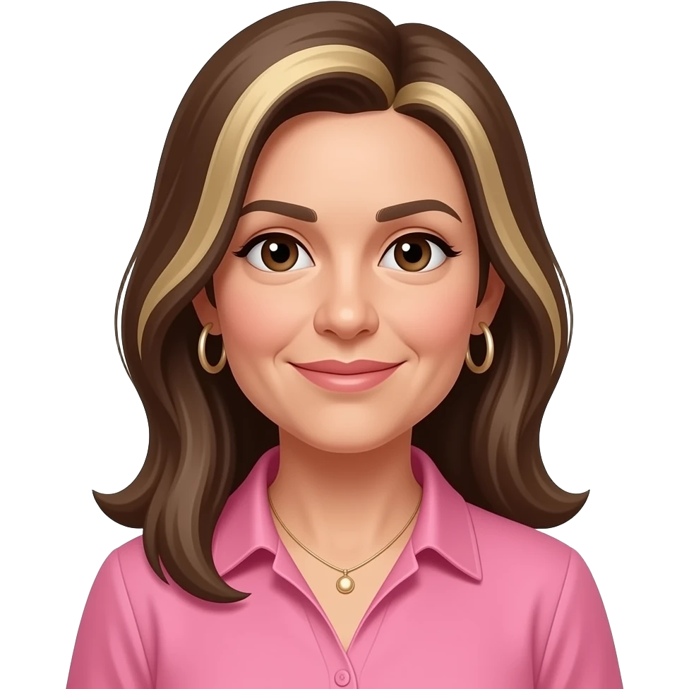 woman in 40s, italian looking with dark brown eyes, long straight brown hair to past the shoulders, with blonde highlights and side parting, all one length. Wearing  a pink shirt with hoop earrings and a necklace. emoji