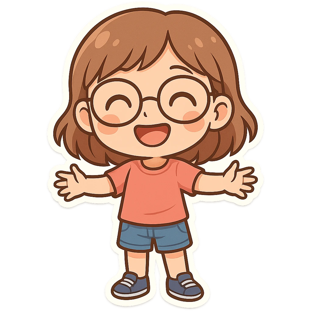 chibi sticker of a friendly 10 year old girl, light brown hair, glasses, big smile, no text emoji