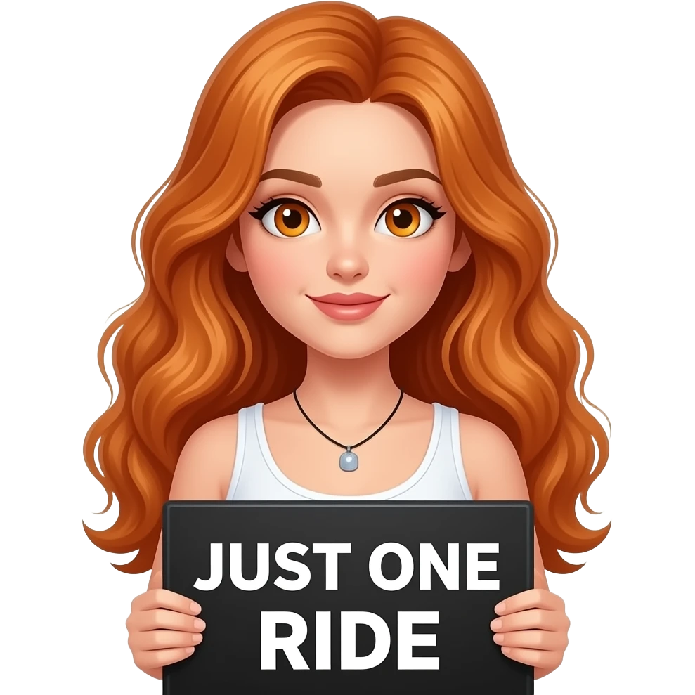 sexy girl with long wavy ginger hair and ginger eyes wearing a white tanktop is holding a black colored sign with JUST ONE RIDE written on it emoji
