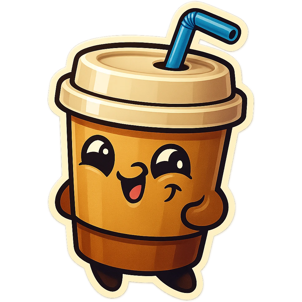 Tall coffee cup, amused, giggling, mischievous, drinking coffee with straw, looking sideways emoji