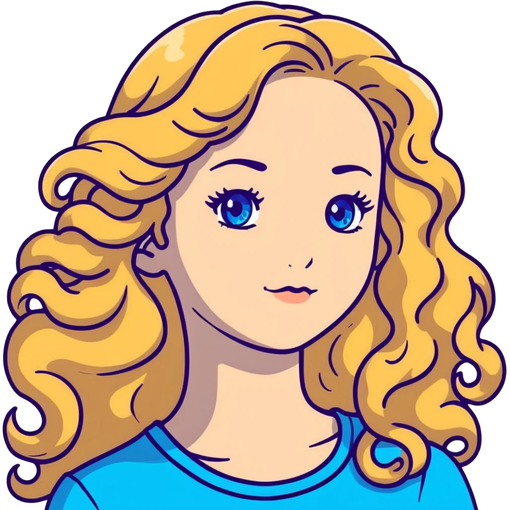 beautiful girl with long curly blonde hair, blue eyes, long eyelashes emoji