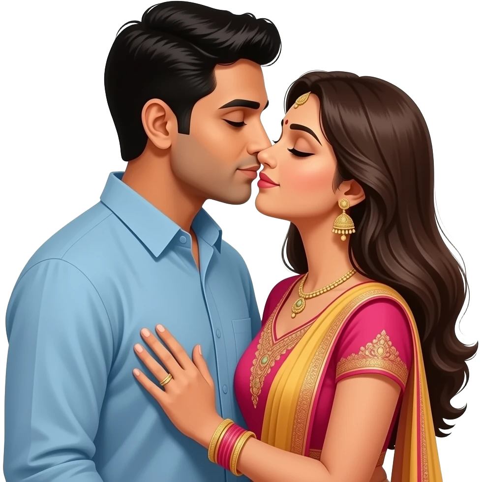 Husband kissing wife lovingly Indian couple modern emoji