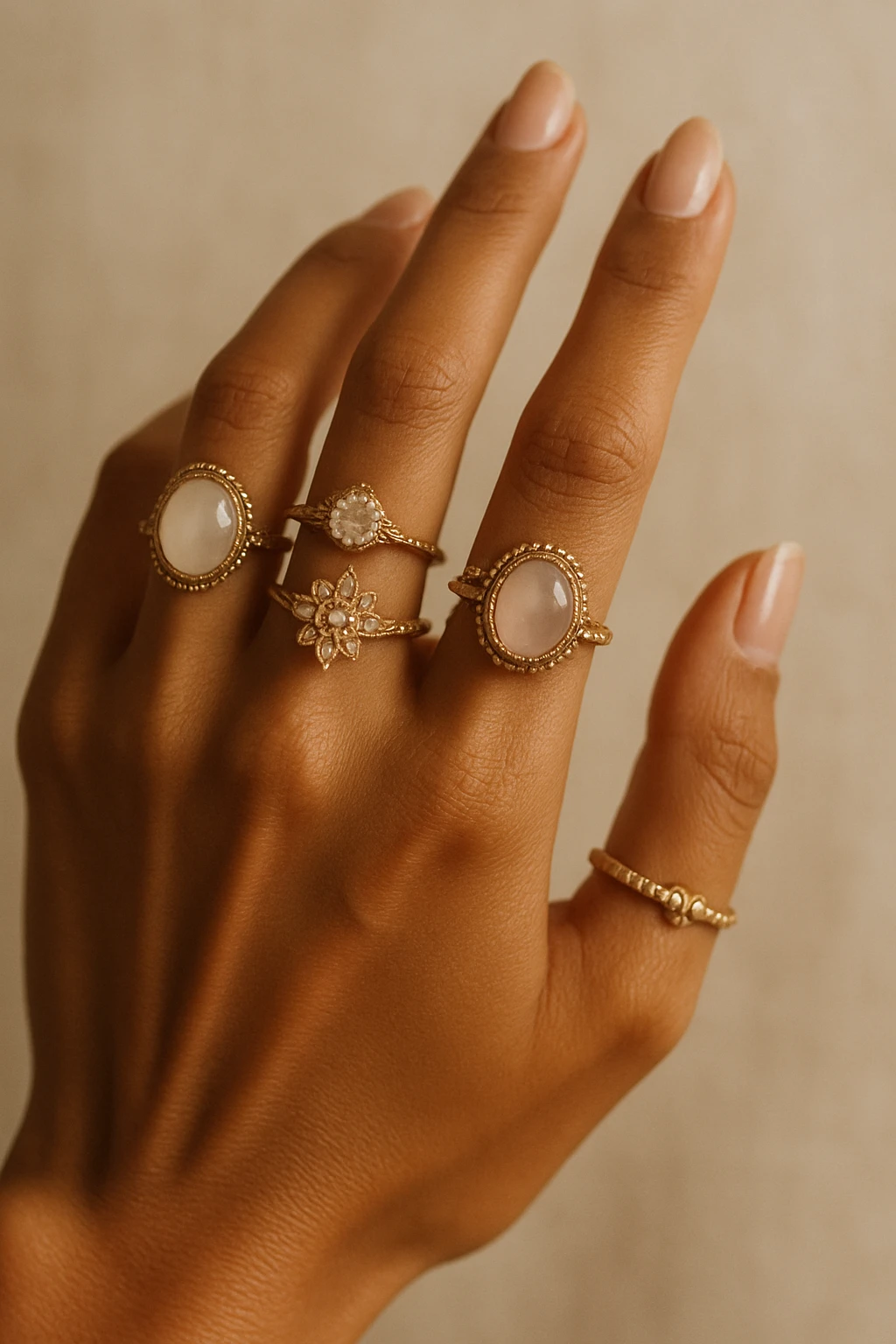 a beautiful tanned woman's hand covered in rings, elegant, detailed jewelry, feminine emoji