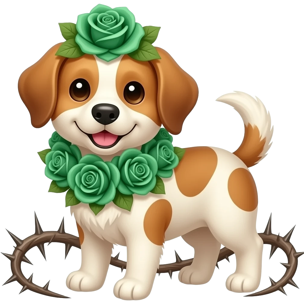 Cute dog with emerald green roses and valley of thorns emoji