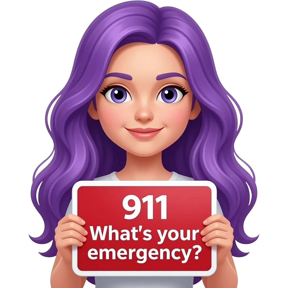 girl with long purple hair with a 911... what's your emergency? sign emoji