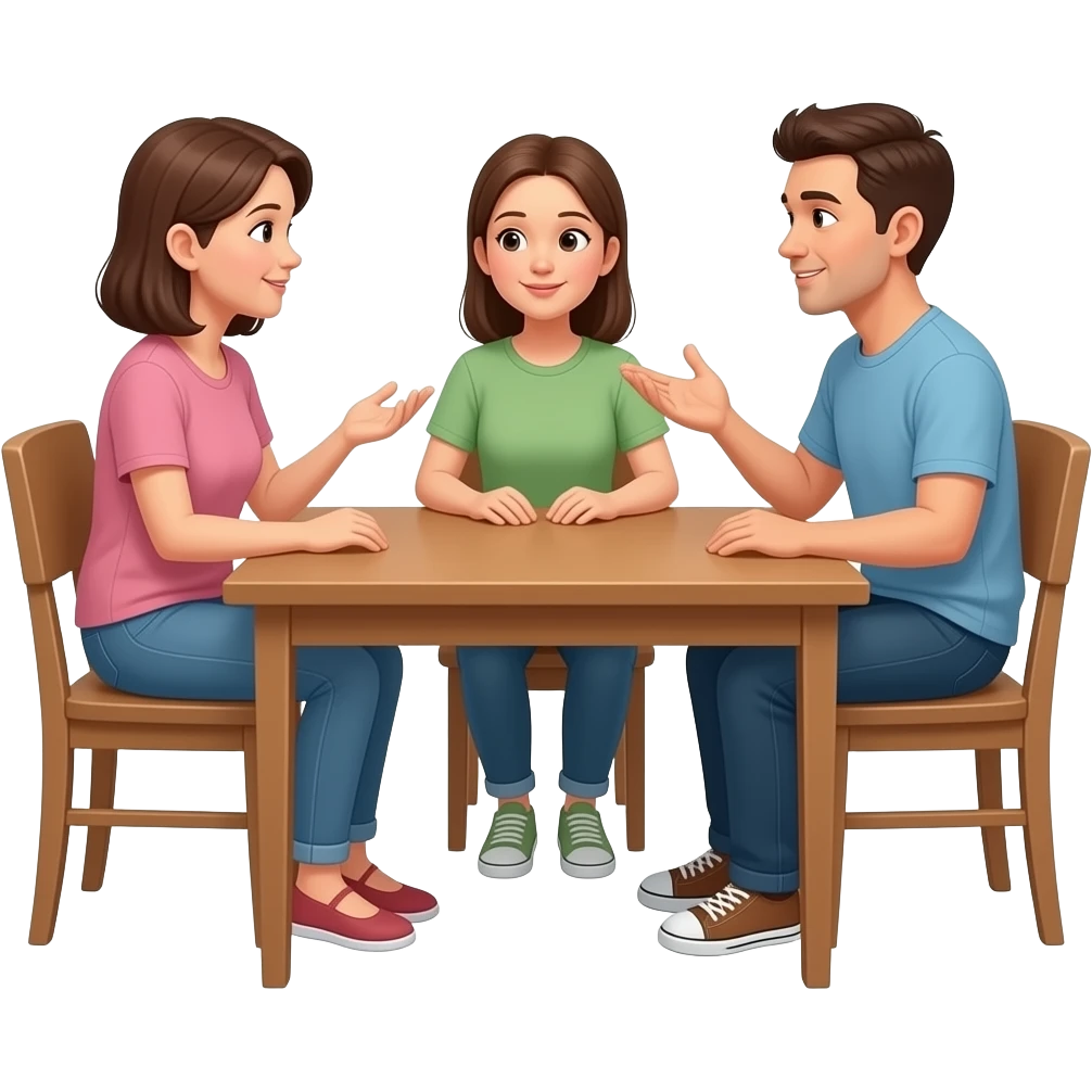 Dialogue between two adults and a teenager sitting at the table at home looking at each other in a conversational mood, hands moving, faces speaking emoji