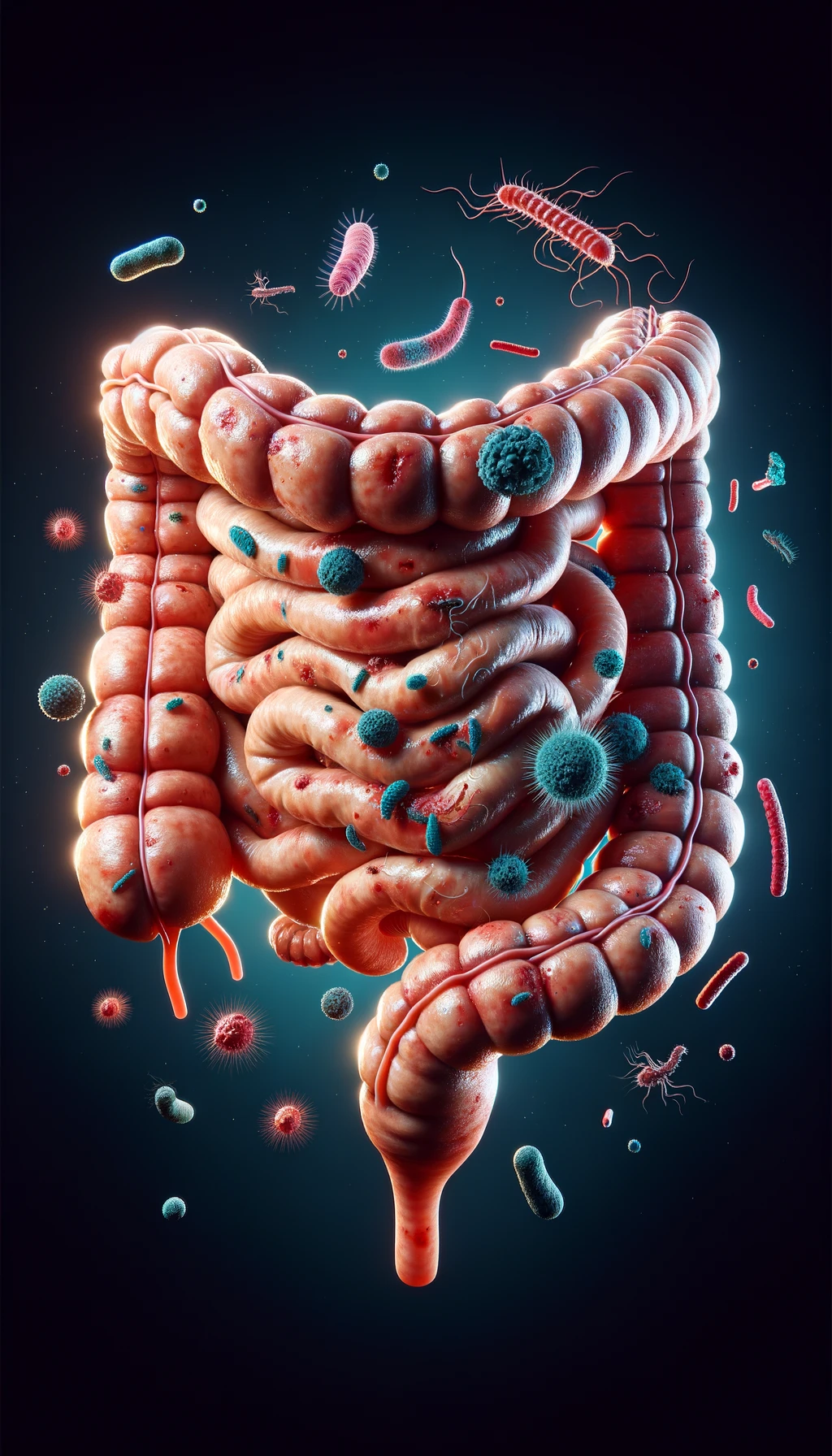 intestino umano realistico con batteri e parassiti che gli fluttuano intorno, iperrealistico 4k emoji