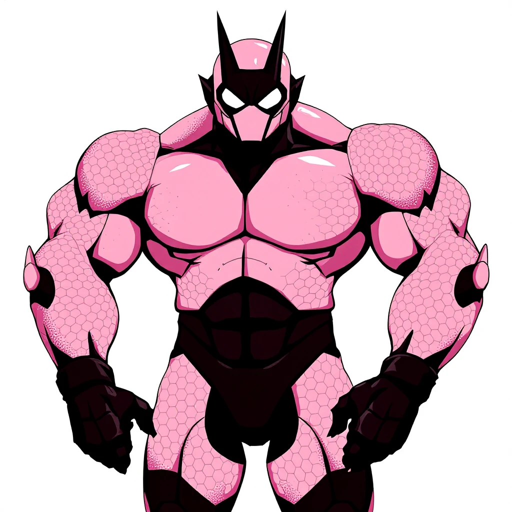 Edit the image so that only the upper arms and thighs are pink with a hex pattern, all other parts are black, matching the reference. Remove any pointy shapes around the ears. Keep everything else the same. Use Flux Pro style with transparent background. emoji