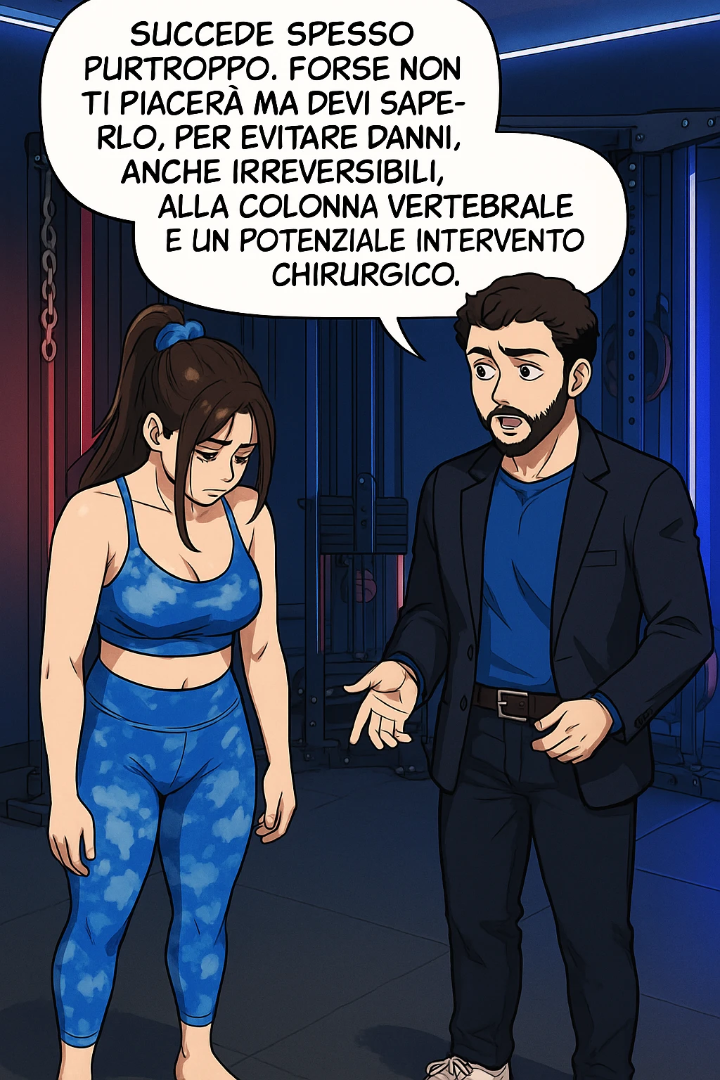 fai questa immagine in versione fumetto/manga/webtoon a colori, il manga mostra l'uomo che risponde alla donne:
Succede spesso purtroppo. 
Forse non ti piacerà ma devi saperlo, per evitare danni, anche irreversibili, alla colonna vertebrale e un potenziale intervento chirurgico. emoji