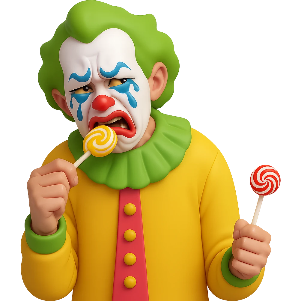 Make the ugly joker in the yellow jersey cry brutally out of envy, with exaggerated tears and a jealous, envious expression, still eating a lollipop, no background. Render in a style suitable for editing with transparent background. emoji
