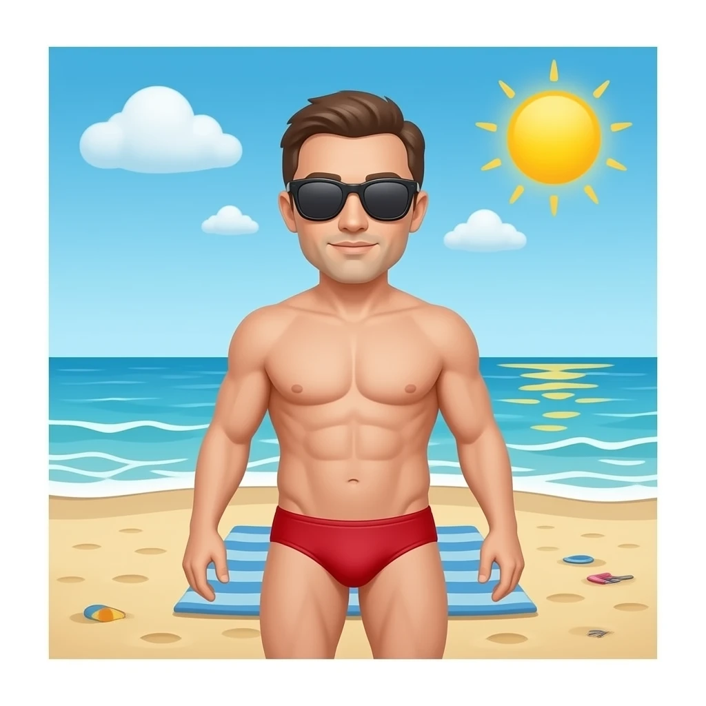 Erstelle ein Bild von einem Strand, mit im Bild ist ein Mann zusehen der sich sonnt, er trägt rote enge speedo und Oberkörper frei und trägt eine Sonnenbrille emoji