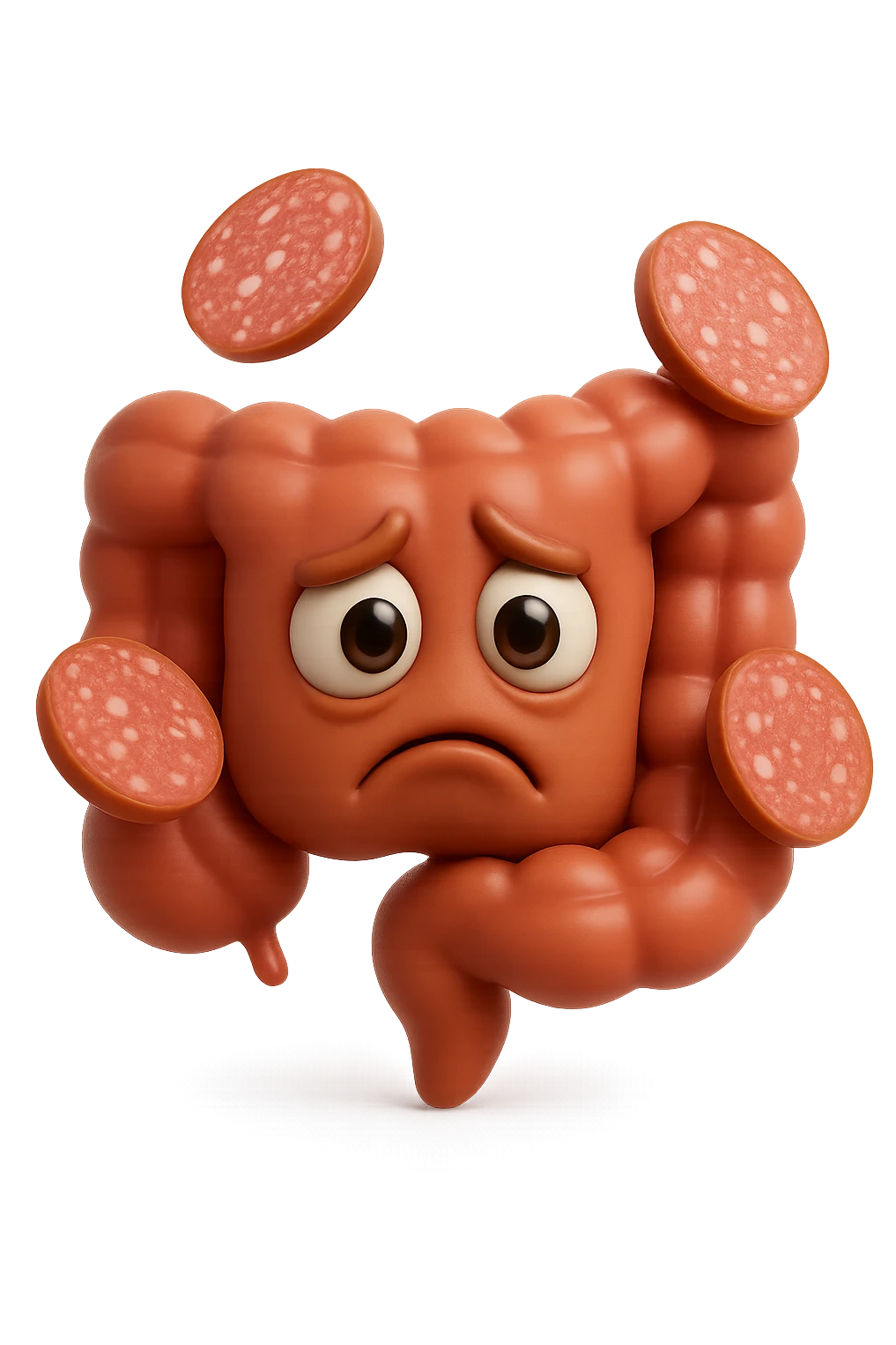 emoji stile iphone in 3d di un intestino triste con fette di carne che gli fluttuano intorno, gli occhi falli con la parte bianca pure, iperrealistico 4k emoji