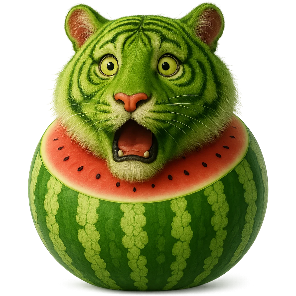 Edit the watermelon tiger character to have a surprised expression. Keep the transparent background. emoji
