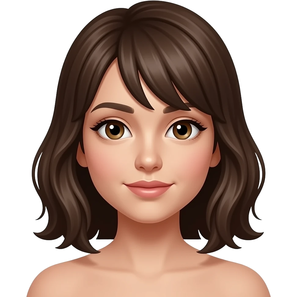 A brunette girl with hair till shoulders with side curtain bangs and a bit dark skin/tanned emoji