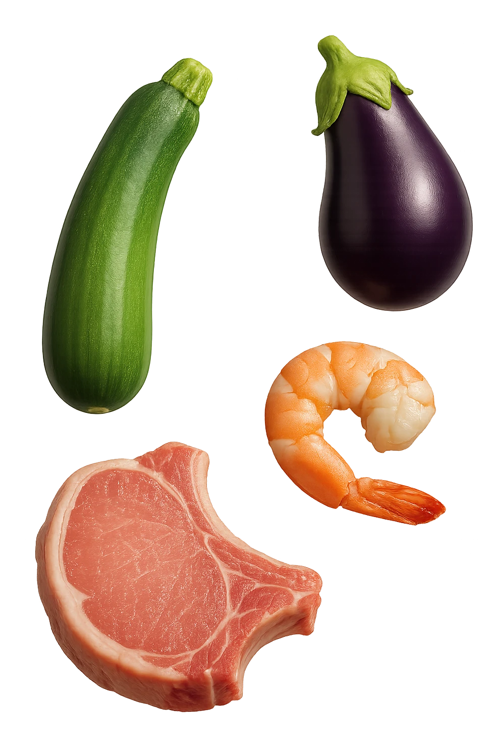 emoji stile iphone realistica zucchine, melanzane, gamberi, costoletta fluttuano in aria
IPERREALISTICO 4K emoji