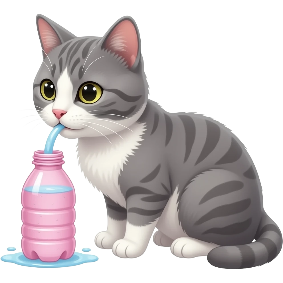 Gatinho bebendo água em garrafa rosa emoji