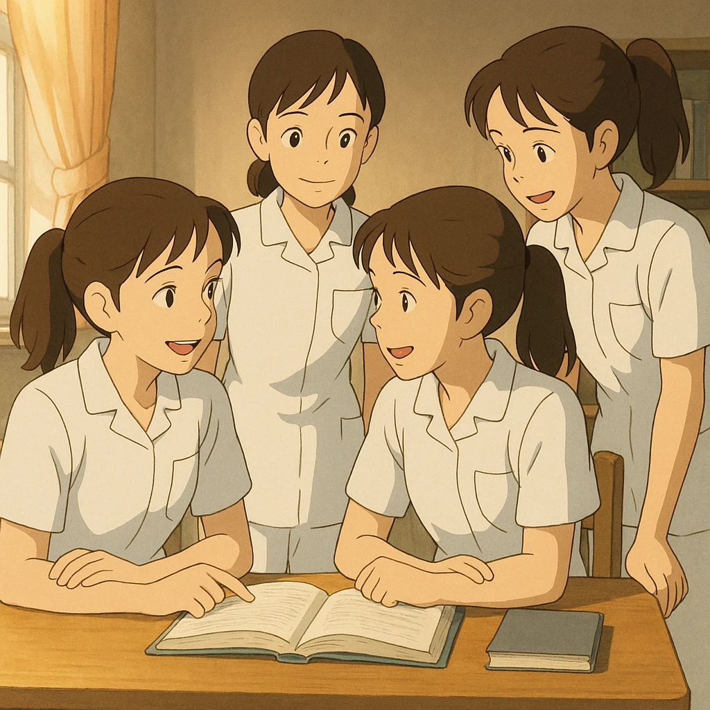 Ghibli scene of four nursing students (based on references), interacting indoors, wearing white short-sleeve uniforms with V-neck, left chest pocket, bare forearms, long hair tied back, no stethoscopes or collar stand. Medical tunic style, collaborative atmosphere. emoji