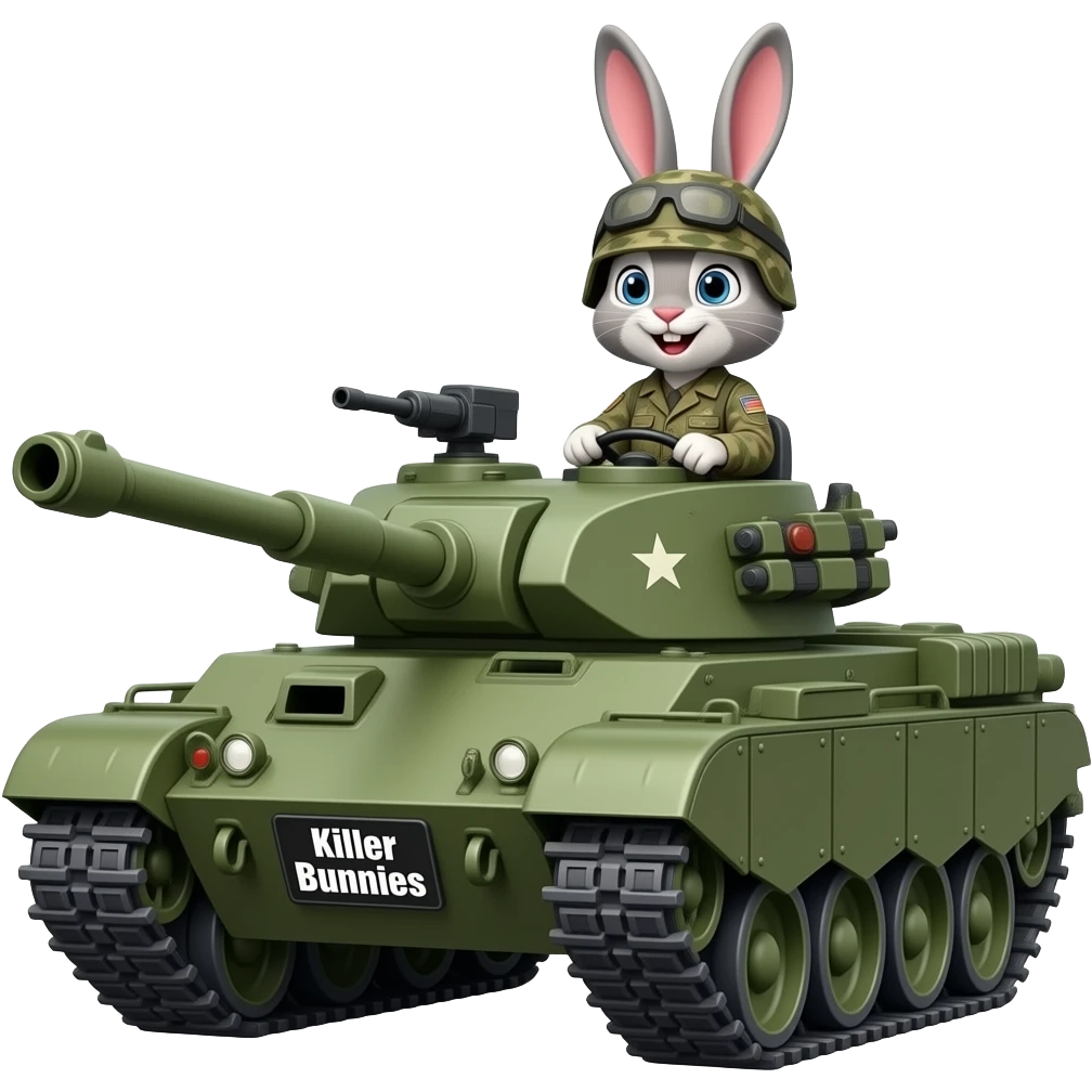 bunny in army fatigues driving a Tank text Killer Bunnies on bumper emoji