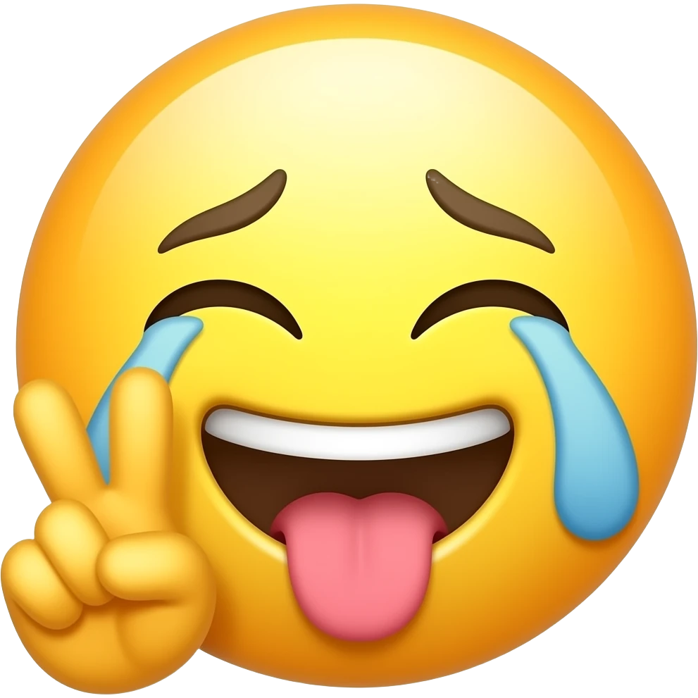 yellow round emoji crying while smiling with tongue and peace sign emoji