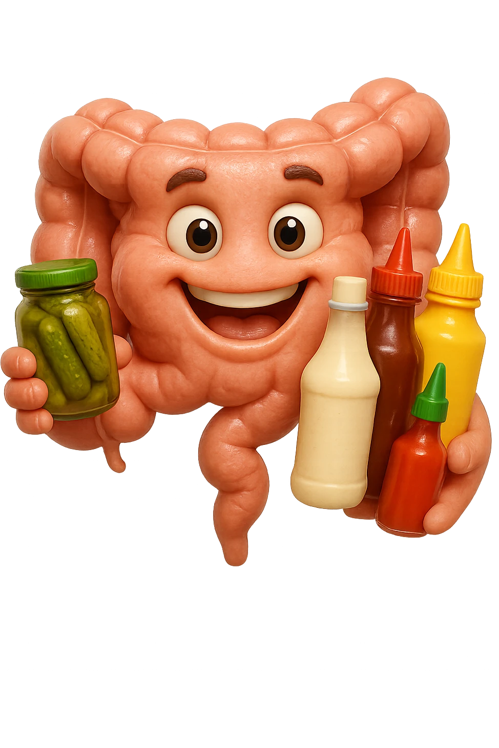 emoji stile iphone di intestino umano con espressione felice mentre tiene in mano cetriolini sottaceto, maionese, salsa barbecue, salsa, senape realistica
IPERREALISTICO 4K emoji
