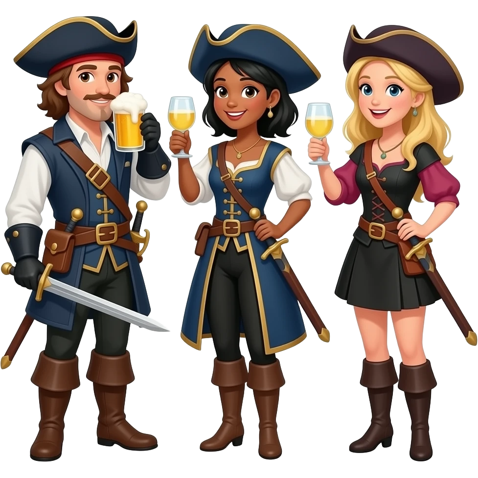 Three musketeers with swords and hats. One guy with brown hair and brown eyes, one girl with black hair and tanned skin and one girl with blond hair. You have to see them in full, the guy is drinking beer and the girls white wine. Cheers ! emoji