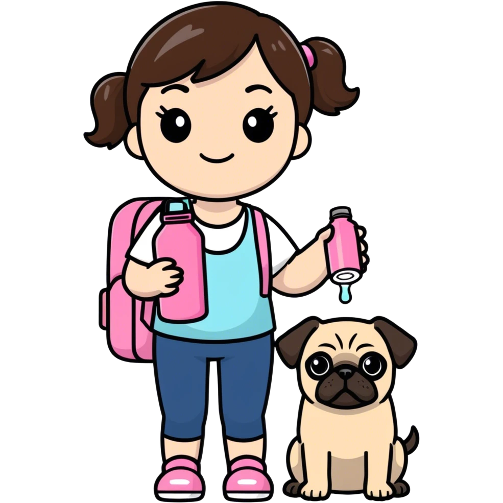 Cute brunette girlie with her pink Stanley water bottle tumbler and a little pug  emoji