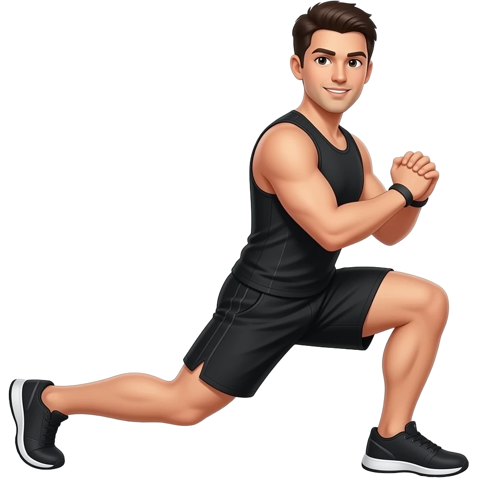 guy wearing all black workout top and blakc shorts doing lunge emoji