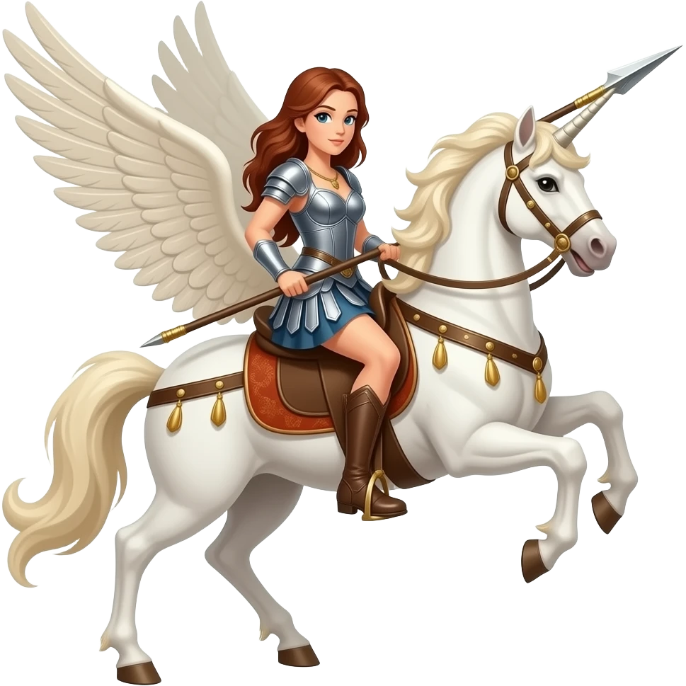 A woman riding a Pegasus (the horse has wings)thats flying, while the woman is holding a spear emoji