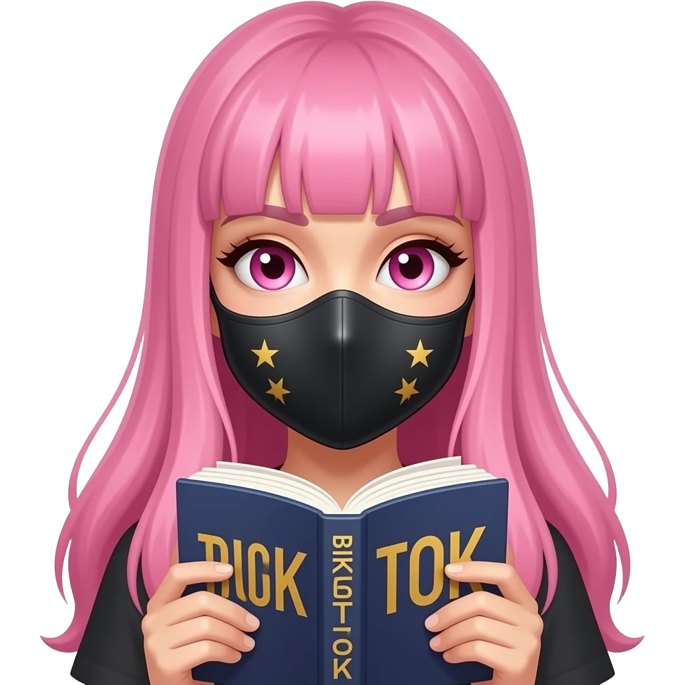sexy girl with long pink hair and pink eyes holding a BOOKTOK BIKETOK MASKTOK emoji