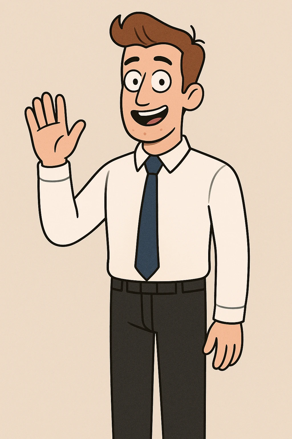 A man sky brown hair Marine Blue Colours Satin Tie White Whistler Classic Oxford Shirt black Apollo Flat Front Trouser hand to say hello emoji