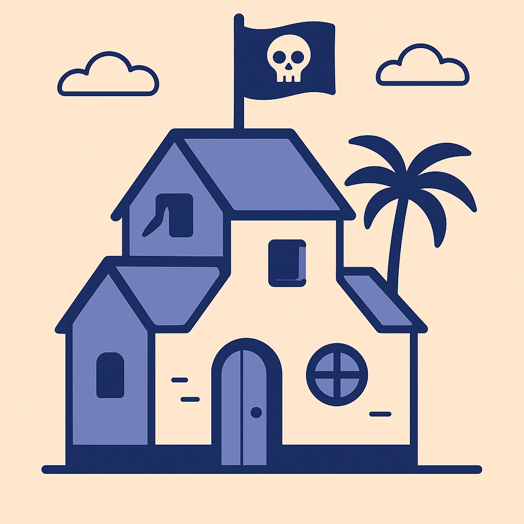 old pirate's house with skull flag emoji