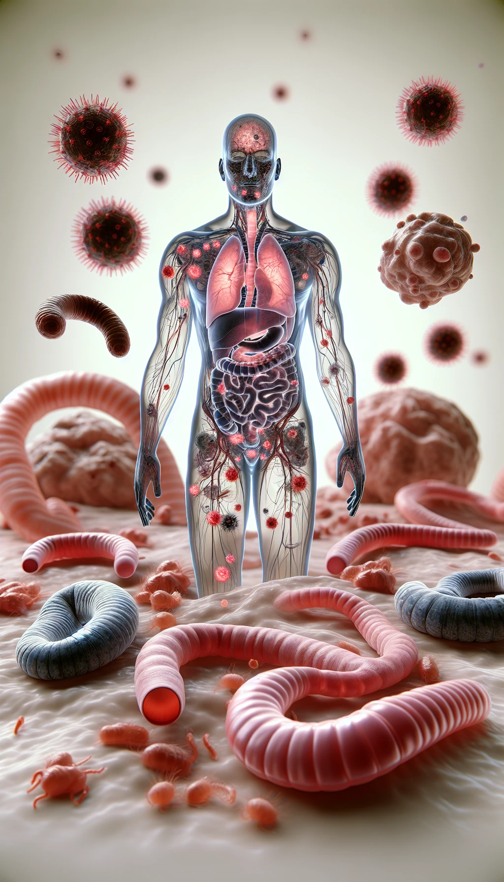 corpo umano anatomico con cellule tumorali intorno, cancro e malessere generale, parassiti come la tenia intorno, sfondo neutro chiaro, iperrealistico 4k emoji