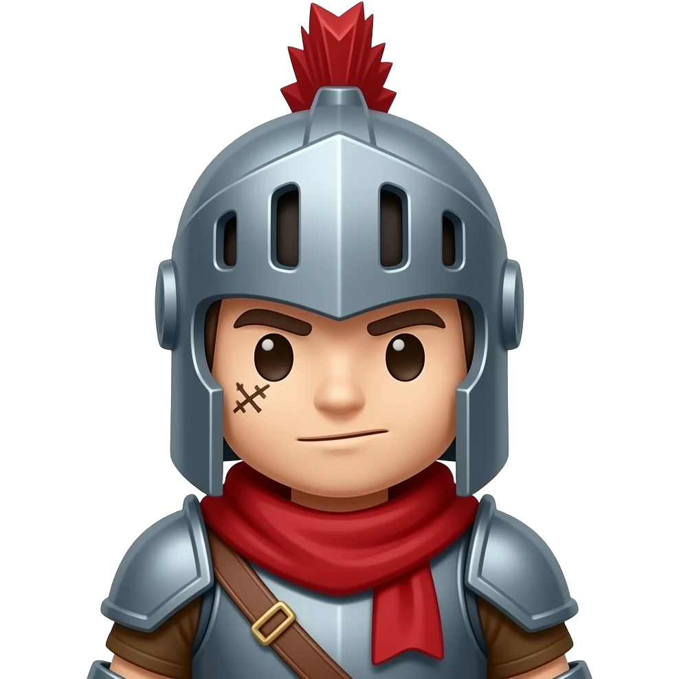 a white droblox character with a stiuched scar under his eye, with a knight helmet that has  ared mohawk, and a red scarf and brown shirt emoji