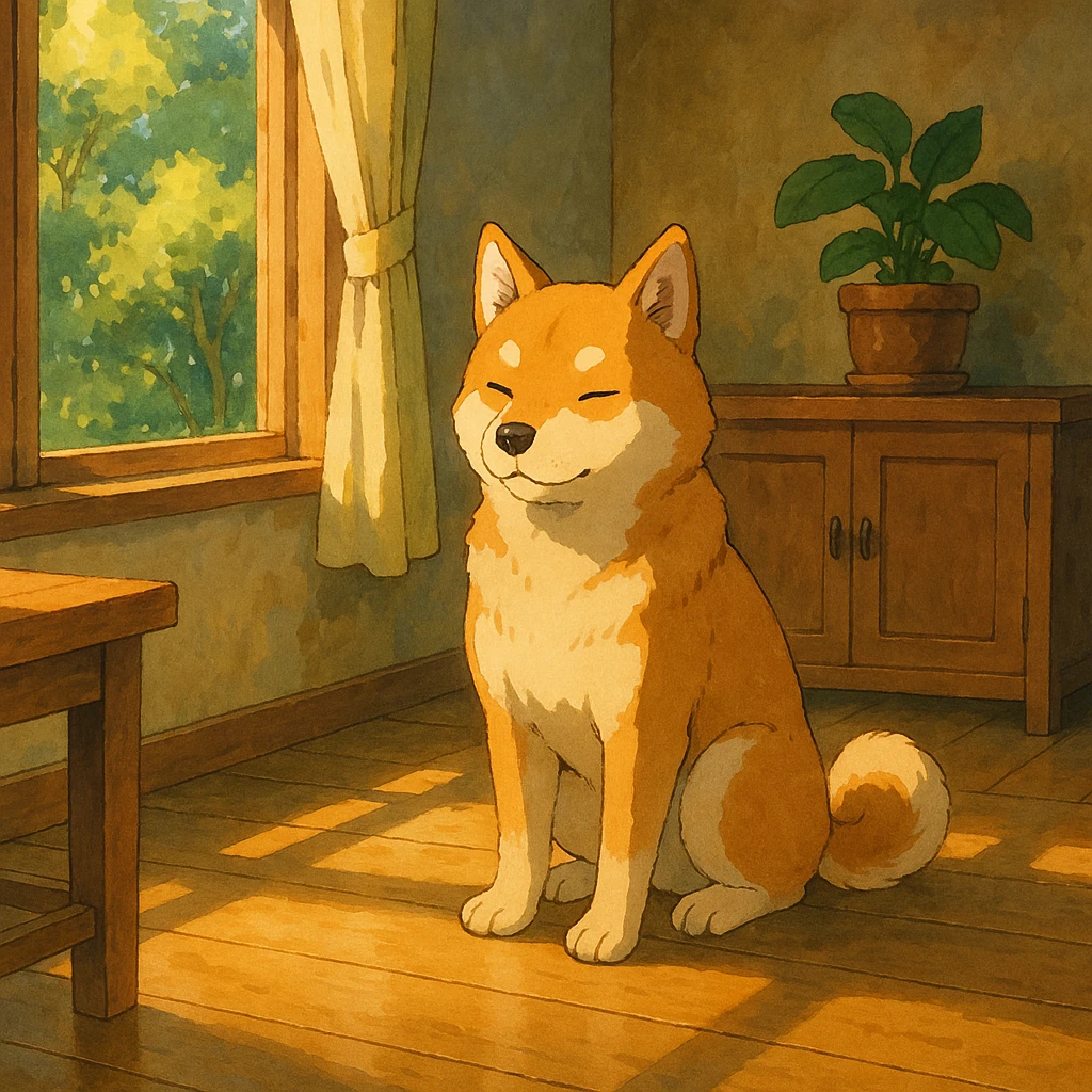 a dog sitting in a sunlit room, ghibli style emoji