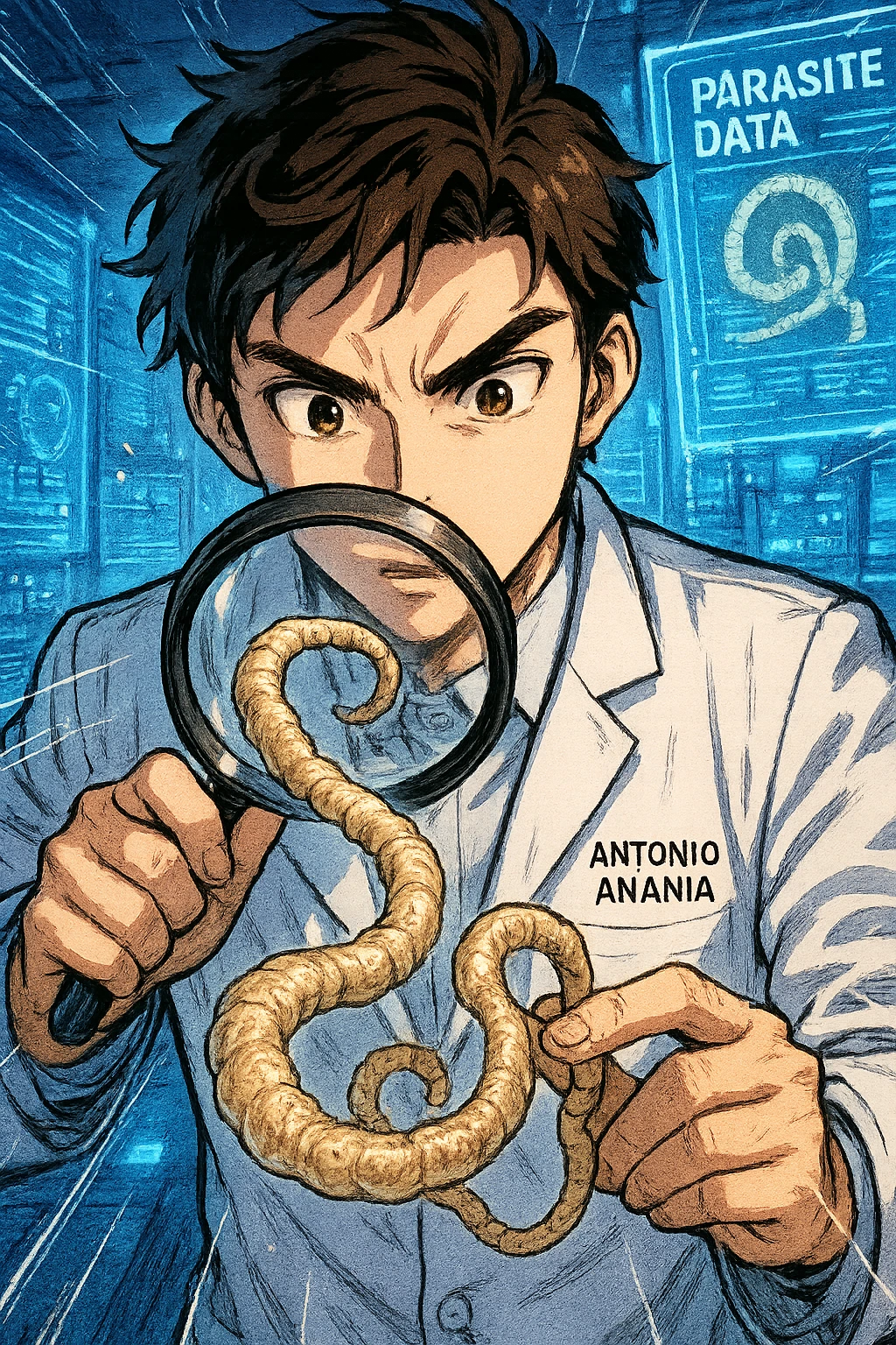 A dynamic manga/webtoon-style illustration of a young male kinesiologist wearing a clean white lab coat, analyzing light beige worms like a tapeworm under a magnifying glass. His expression is focused and slightly intrigued, with sharp, detailed eyes. The art style is vibrant, with bold linework, rich colors, and dramatic lighting. The background is a futuristic laboratory with glowing holographic screens displaying parasite data. The tapeworm is intricately drawn, slimy and segmented, with a slightly exaggerated yet realistic texture. The composition is dynamic, with motion lines or energy effects to emphasize his scientific investigation. The atmosphere is intense but not dark, keeping a balance between scientific seriousness and stylish manga aesthetics, he has "ANTONIO ANANIA" WRITTEN ON WHITE LAB COAT emoji