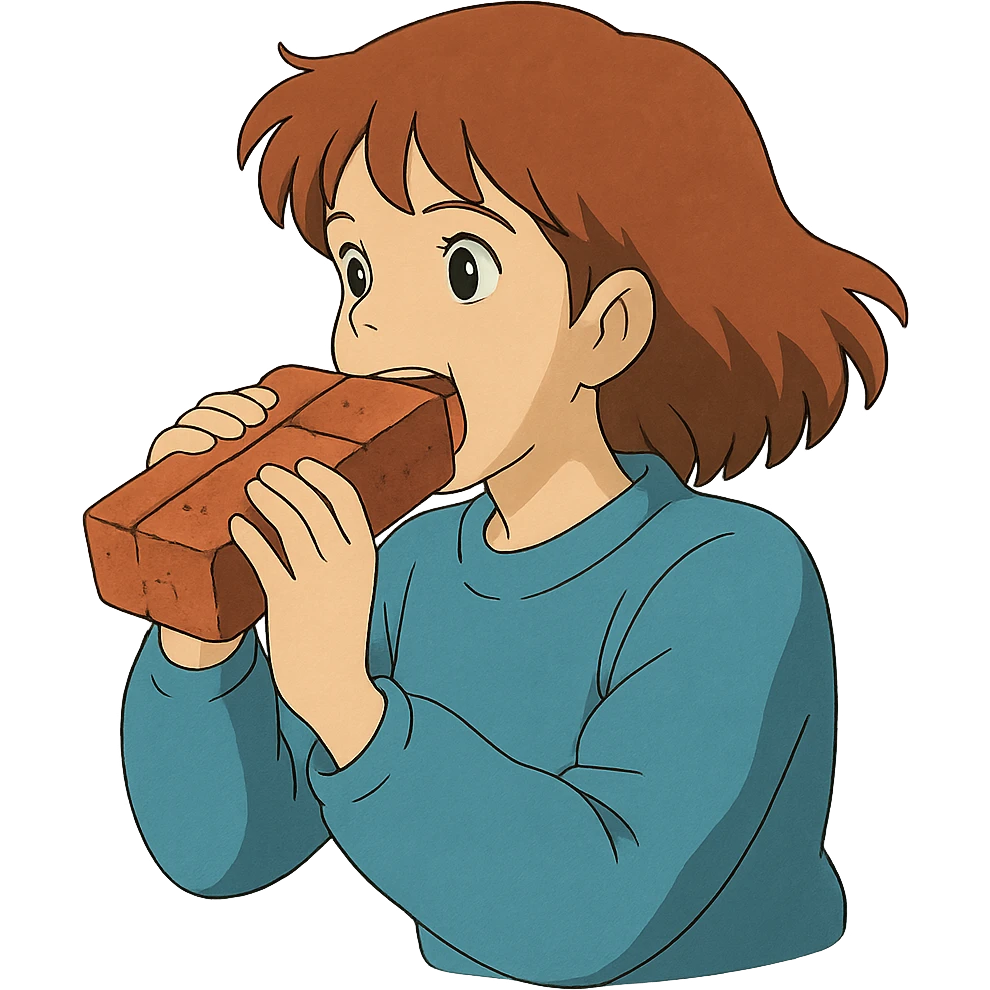 ghibli style woman eating a brick emoji