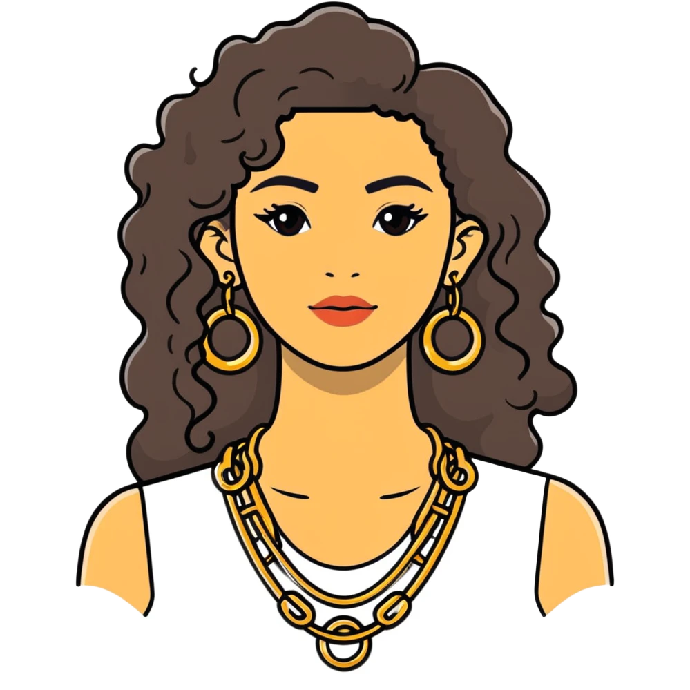 attractive Greek woman with long curly hair and light skin wearing gold hoop earrings and a gold necklace emoji
