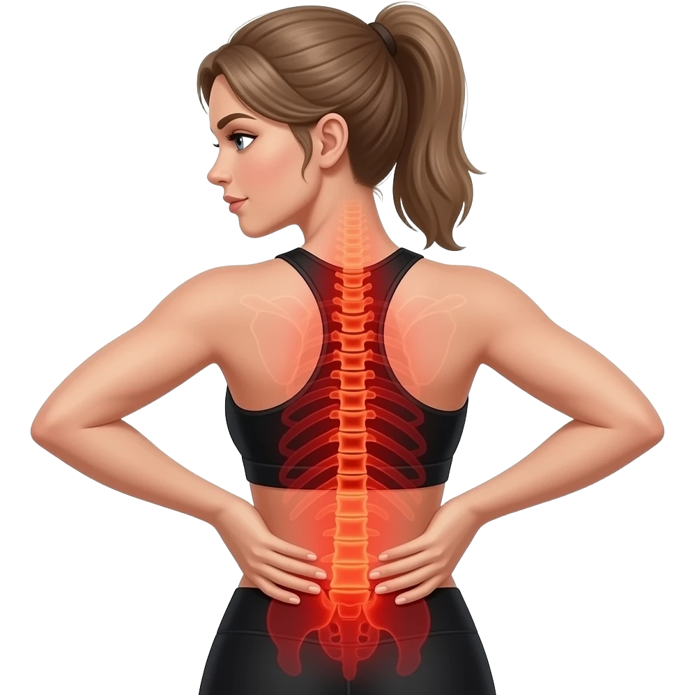 back pain, full red glow covering the entire back with clear spine highlight, woman with hands on lower back, fair-skinned woman, gray-blue eyes, ash brown brows, ash light brown hair tied back, slim athletic body, black workout set emoji