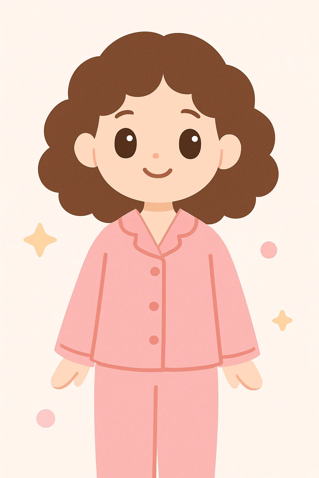 friendly illustration of a woman with curly brown hair wearing pink pajamas, simple background emoji