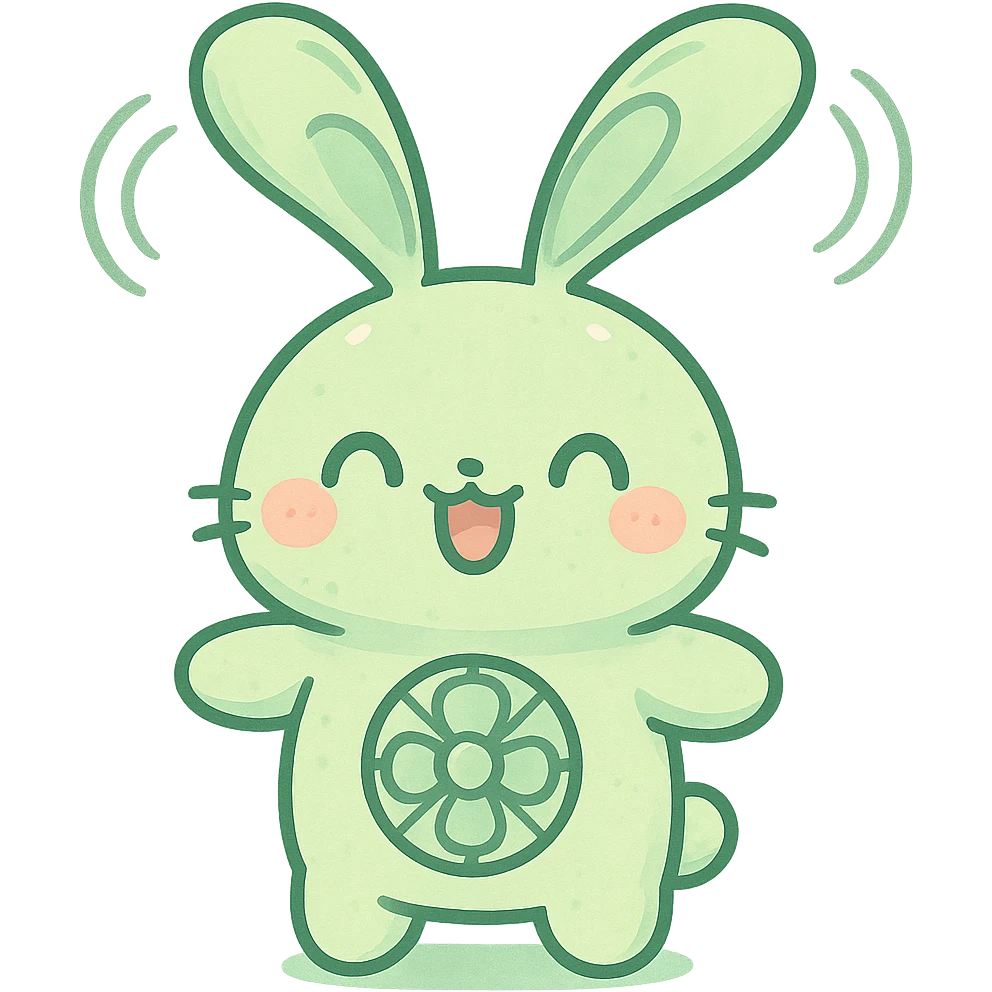 kawaii bunny-fan hybrid, ears spinning like fan blades, pastel green, cheerful, full-body emoji