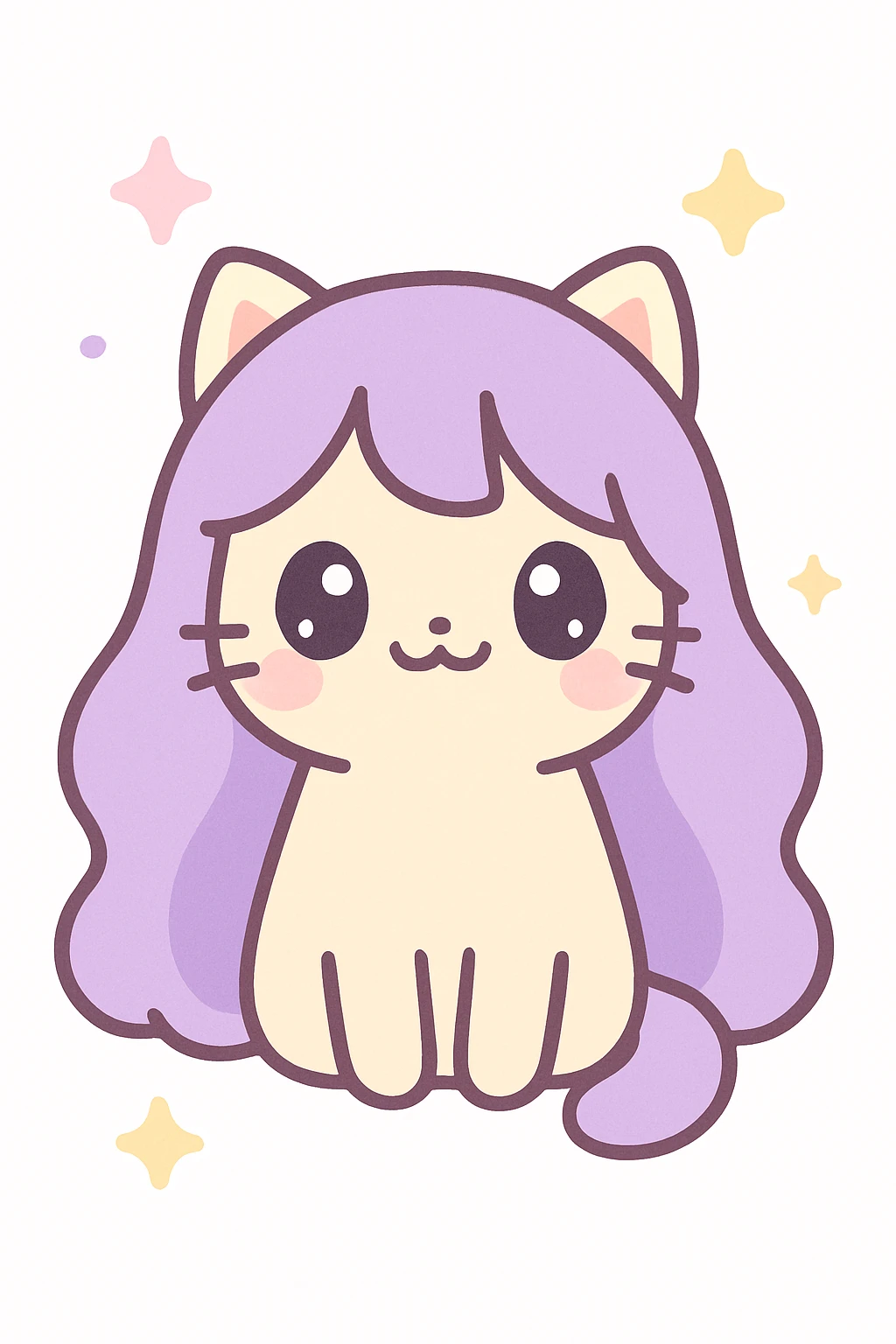 playful cat with long purple hair, big eyes, kawaii style emoji
