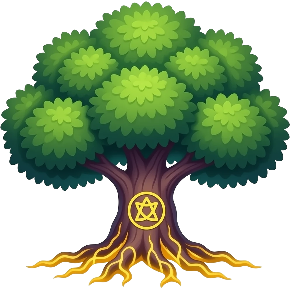 The Root (🌳): “Ancient tree with strong green leaves and deep purple trunk, golden yellow roots glowing, grounded mystical symbol, clean flat illustration” emoji