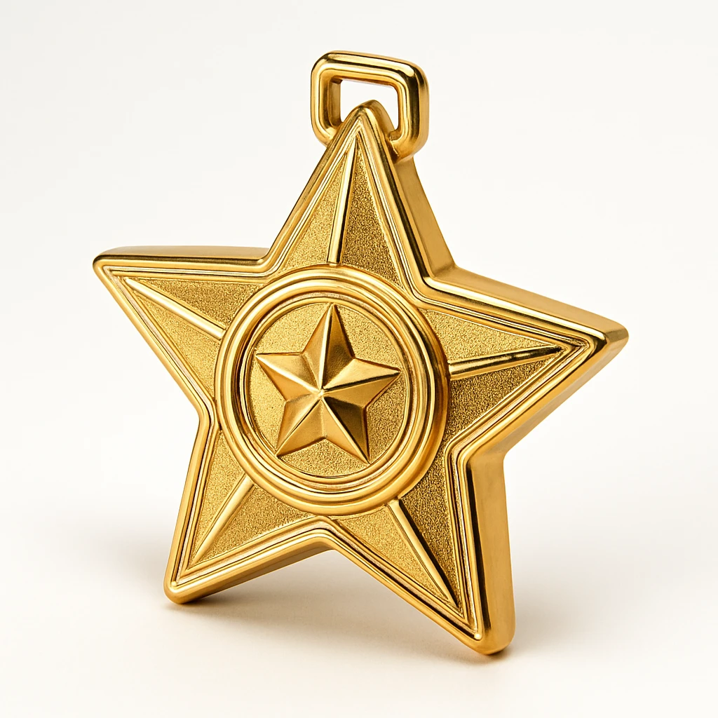 a glittery golden star-shaped medal, frontal view emoji