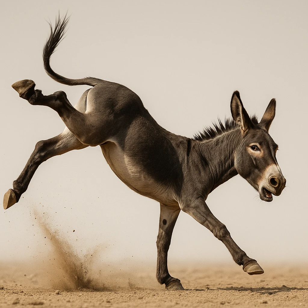 a donkey performing a powerful kick, dynamic pose, clear action, simple background emoji