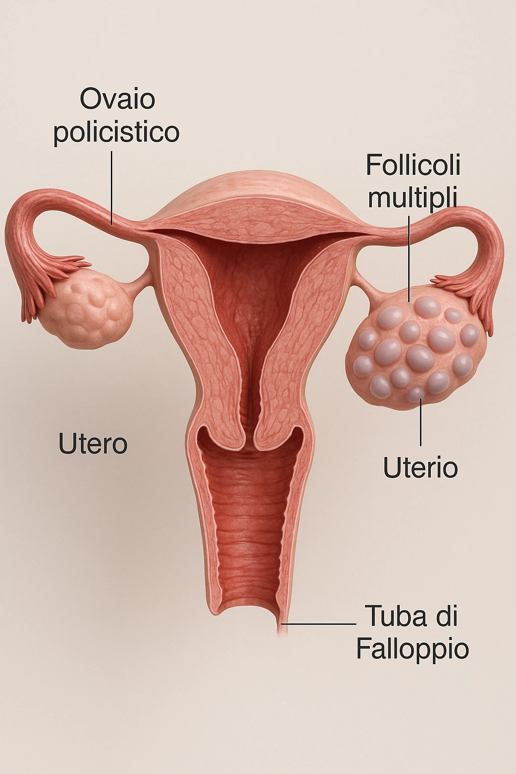 Illustrazione medica 3D realistica della PCOS: ovaie policistiche evidenti, utero e ovaie in sezione, con follicoli multipli visibili. Dettagli clinici, colori realistici, atmosfera neutra, didascalie in italiano, aspect ratio 2:3. emoji
