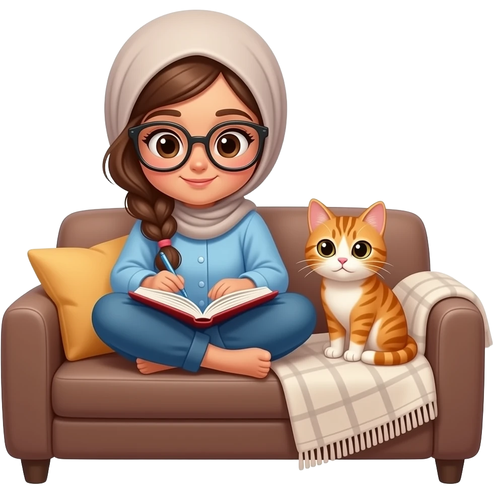 Make an emoji of a cute hijabi brown girl with only one single curly strand as a style of hair out of her hijab and on her facestudying while curled up on a couch with a cat next to her and some blanket on her. must be emoji style, and she is pakistani (brown) and no glasses. emoji